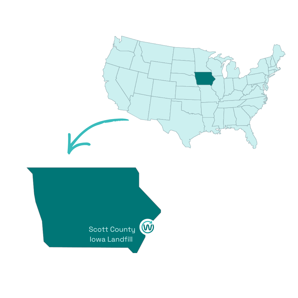 Map of the U.S. state of Iowa with Scott County and the Scott Area Landfill in Davenport “Map of the U.S. state of Iowa with Scott County and the Scott Area Landfill in Davenport clearly marked