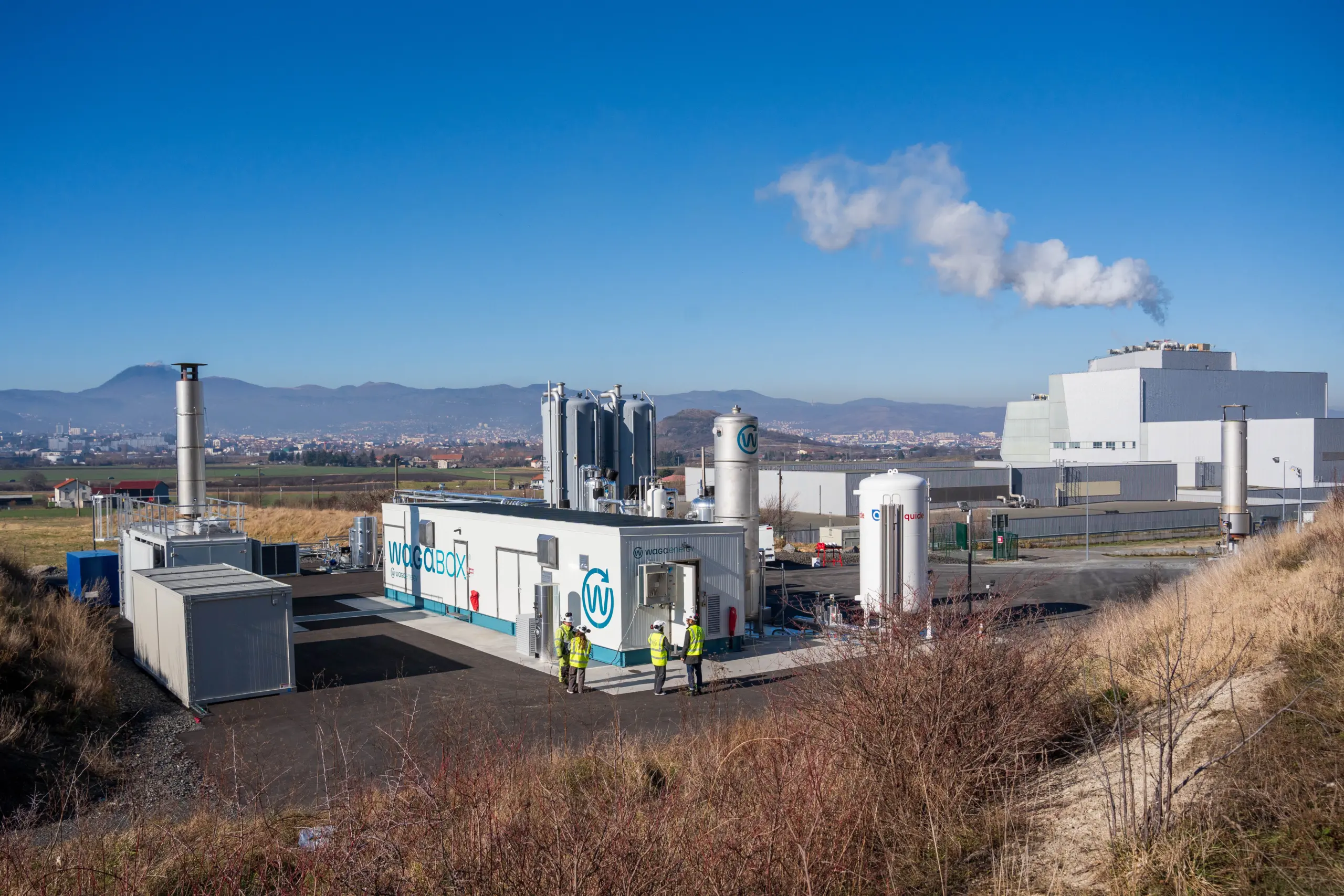 WAGABOX® renewable natural gas production unit at Valtom site in Clermont-Ferrand, showing industrial equipment and gas upgrading installation within landfill environment.