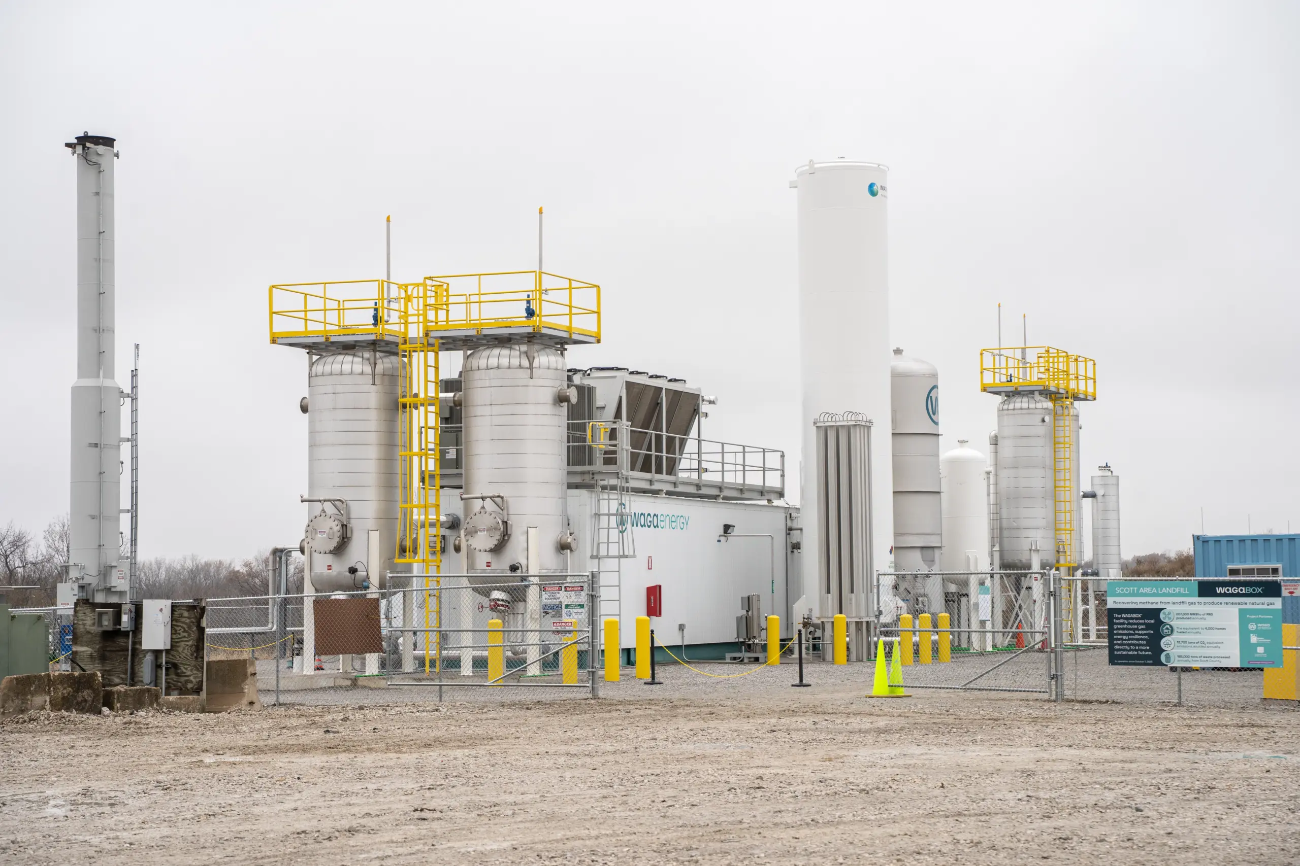 Waga Energy WAGABOX® unit at the Scott Area Landfill in Davenport, Iowa, converting landfill gas into renewable natural gas